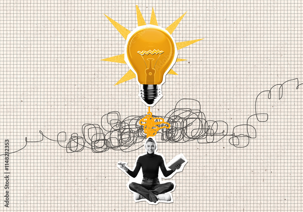 Poster creative depiction of brainstorming with a woman holding notes, lightbulb symbolizing ideas, and abs