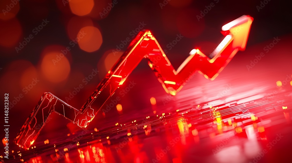 Poster Red arrow graph rising on dark red background with bokeh lights.