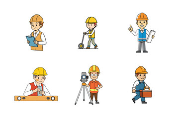 Set of Construction engineer working activities vector illustration