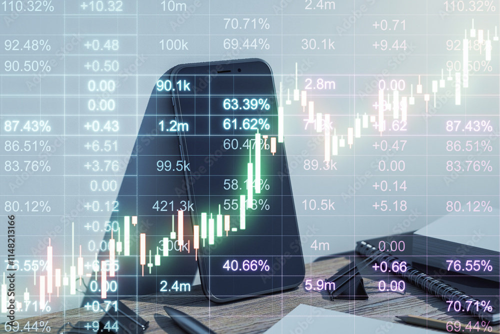 Poster smartphone with stock market data overlay on desk.