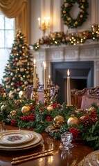 Elegant Christmas dining table set with golden decorations, candles, and festive greenery. A beautifully decorated tree and wreath create a warm holiday ambiance.