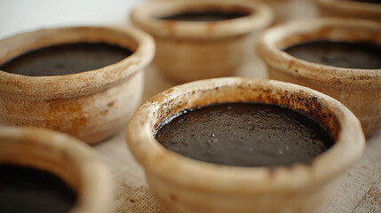 Clay pots filled with dark liquid, arranged closely together