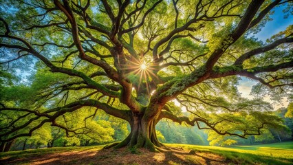 Fototapeta premium Majestic Spring Oak Tree Forest - Nature Photography, Springtime Woods, Big Oak Tree, Forest Scene, Green Leaves, Sunlight, Peaceful Nature