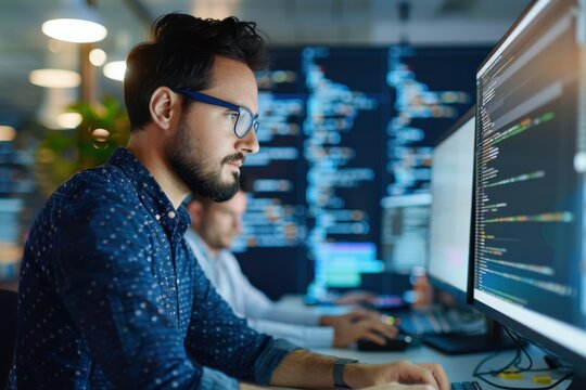 A focused programmer works on code at dual monitors in a modern office environment, surrounded by colleagues and digital data.