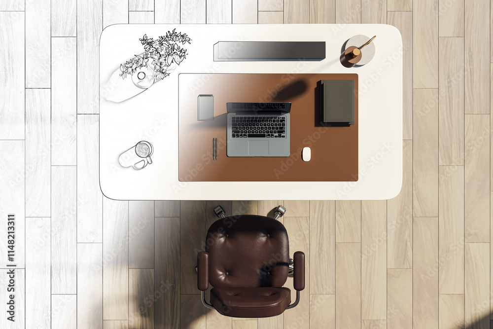 Poster top-down view of an organized modern workspace with a laptop, books, and accessories on a white desk