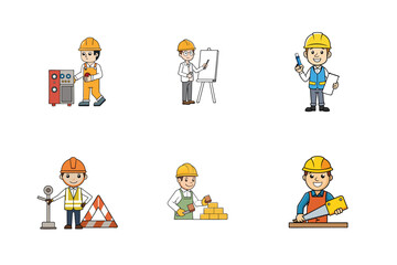 Set of Construction engineer working activities vector illustration