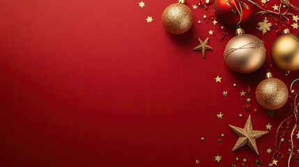 Elegant Christmas Ornaments on a Red Background with Stars and Festive Decorations for Holiday Celebrations and New Year Events