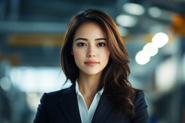 Obraz premium Portrait of a beautiful Asian business woman in a suit, standing inside a modern warehouse building. Diversity at workplace concept.