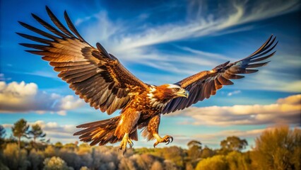 Obraz premium Majestic Wedge-tailed Eagle Soaring, Australian Bird of Prey, Wildlife Photography, Powerful Eagle, Nature Image, Wingspan, Bird in Flight, Australian Wildlife