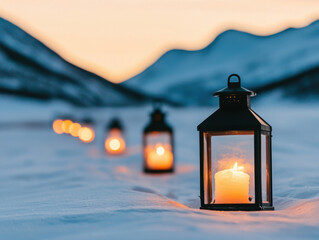 Lanterns glow warmly on snowy path leading to winter festival
