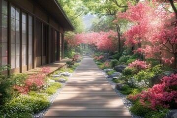 Obraz premium A serene garden pathway adorned with blooming pink flowers and lush greenery.