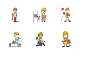 Set of Construction engineer working activities vector illustration