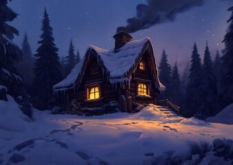 Rustic winter cottage with warm glowing windows