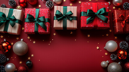 Elegant Christmas Gift Boxes with Ribbons and Ornaments in Festive Red Theme