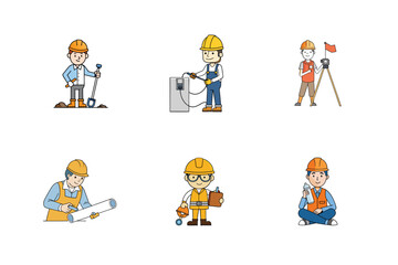 Set of Construction engineer working activities vector illustration