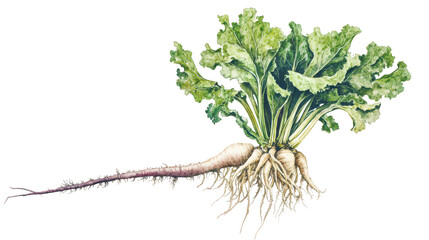 Detailed Illustration of a Root Vegetable with Green Leaves
