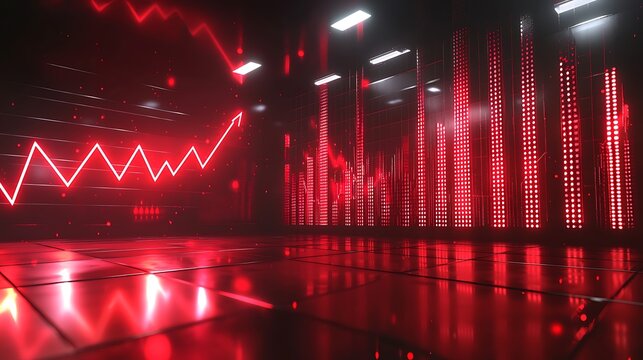Red neon stock market graph in dark room.