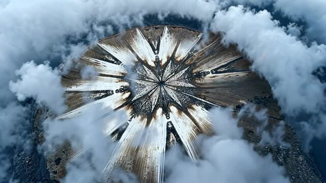 Mysterious Circular Ground Pattern Resembling Star or Compass, Partially Obscured by Clouds: An Aerial View