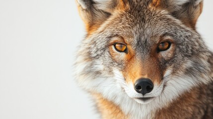 Fototapeta premium Captivating Close-Up of a Cunning Coyote Showcasing Its Piercing Eyes and Majestic Fur Texture Against a Soft Neutral Background