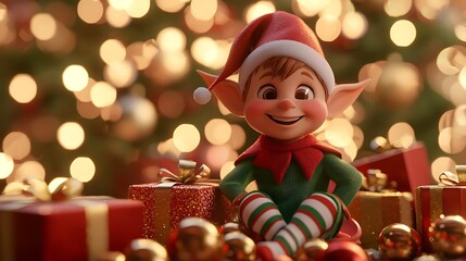 Cheerful Christmas elf sitting amidst presents and twinkling lights.