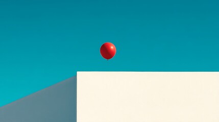 Red balloon floats over wall.