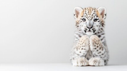 Fototapeta premium A cute snow leopard cub sitting on a bright white studio background, looking directly at the camera with raised paws.