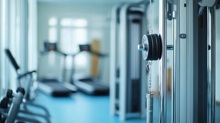 Fototapeta premium Modern gym interior with cable machine, treadmills, and exercise equipment.
