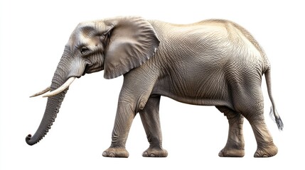 Fototapeta premium Majestic Elephant Walking Gracefully on Isolated Background, Showcasing Its Distinctive Features and Textured Skin, Symbolizing Strength and Wisdom in Nature