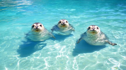 Fototapeta premium Three Happy Seals Swimming in Turquoise Water