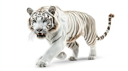 Obraz premium Majestic White Tiger Walking Gracefully in a Studio Setting with Bright Background, Capturing Its Unique Stripes and Powerful Presence in Stunning Detail