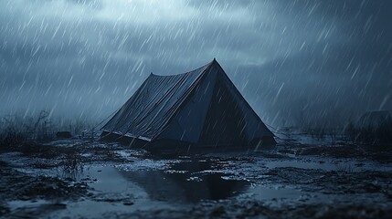 Lone tent in a stormy night, heavy rain, muddy landscape.