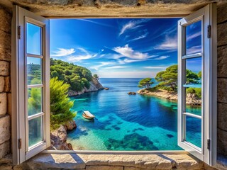 Mediterranean Sea View, Crystal Clear Water, Sunny Day, Open Window, Surreal Photography, Coastal Landscape, Blue Sea, Scenic View, Summer Vacation