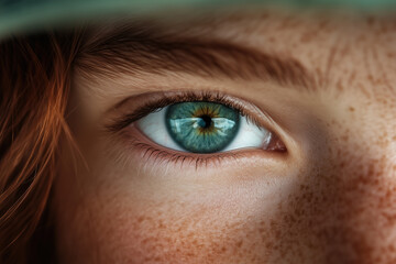 Obraz premium Close-up of the blue and green eye. A girl's face with freckles. The focus is on her eyes, which have an emphasis on their color and texture.