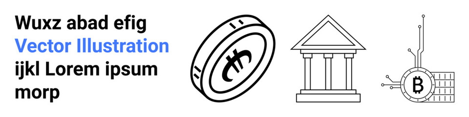 Cryptocurrency coin, bank building, and digital circuit board with bitcoin symbol. Ideal for financial tech, digital currency, banking, blockchain, fintech startups, investment platforms, educational