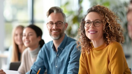Fototapeta premium A group of diverse individuals smiling while engaged in a discussion or learning environment, showcasing collaboration and positivity.