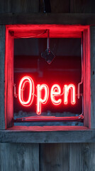 Red open neon sign, bright glowing open shop signboard