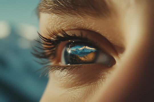 A close-up of an eye with the reflection of mountains and sky, symbolizing vision and hope for Women's Empowerment Day - Powered by Adobe