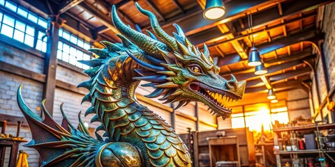 Metal Dragon Sculpture: Intricate Workshop Detail - Daylight Photography