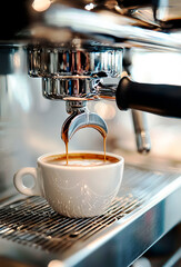 Close-up of coffee machine preparing a fresh cup of cappuccino in coffee shop. Design for cafeteria