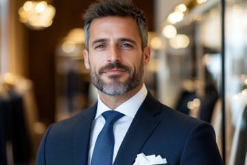 Fototapeta premium A well-dressed man in a formal suit stands thoughtfully in a fashion boutique, exuding an air of sophistication and elegance as he surveys the stylish offerings.