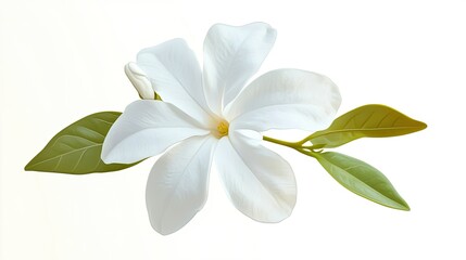Fototapeta premium Beautiful White Magnolia Flower with Glossy Petals and Fresh Green Leaves on a Light Background, Perfect for Botanical or Nature-Themed Projects