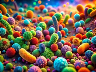 Fototapeta premium Microscopic Bacteria Simulation: Tilt-Shift Digital Render, High-Resolution Microscopy, Miniature World, Bacterial Colony, Science Photo