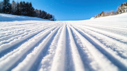 Ski slope with a corduroy texture after a snow groomer run, a slope freshly prepared for skiing
