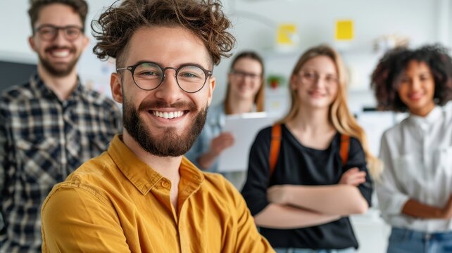 A group of smiling young professionals standing together in a bright office environment, showcasing teamwork and collaboration.