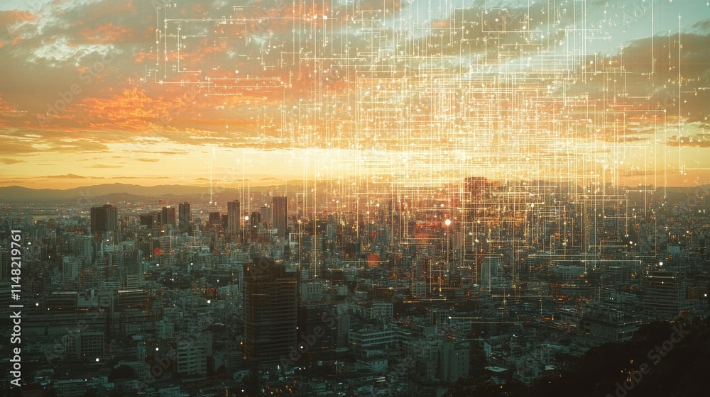 Leinwandbilder cityscape illuminated by sunset with digital neural network symbolizing artificial intelligence inte