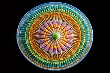 Microscopic Diatom Shell, Black Background, Detailed, Minimalist, High Resolution Microscopy Image