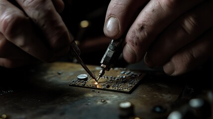 Closeup Hands Soldering Circuit Board Electronics Repair Technician