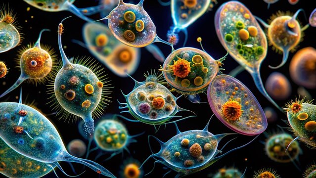 Microscopic Protozoa: High-Resolution Aerial View of Vibrant Single-celled Organisms in Aquatic Environment