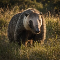 A giant anteater exploring a sunlit savanna dotted with tall grass.