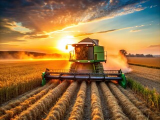 Fototapeta premium Midwest Soybean Harvest: Farmer Combining at Sunset - Rule of Thirds Photography